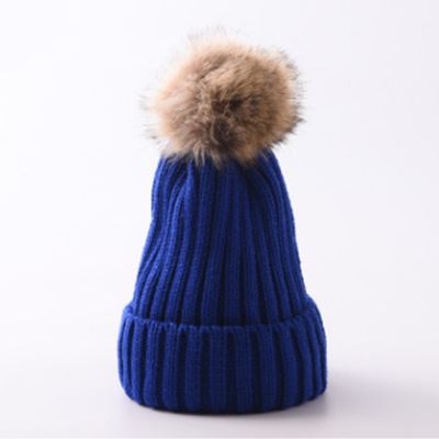 Chapeau de femmes HIVER Bonnet Tricoté Chapeau de ski Détachable Fausse Fourrure Bobble POM Royal Blue - Enfants