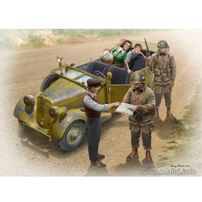 Maquette voiture + 5 figurines : l'auto-stop : parachutistes us et civils français master box