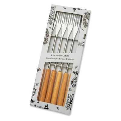 COFFRET 6 FOURCHETTES À FONDUE 3 DENTS MANCHE BOIS NATUREL
