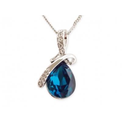 Collier pendentif spirale en strass et goutte bleu bijou fantaisie pas cher pendentif