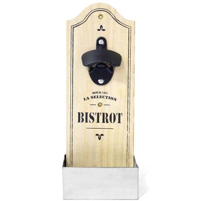 Décapsuleur Ouvre Bouteille Mural avec boîte récupératrice - bois