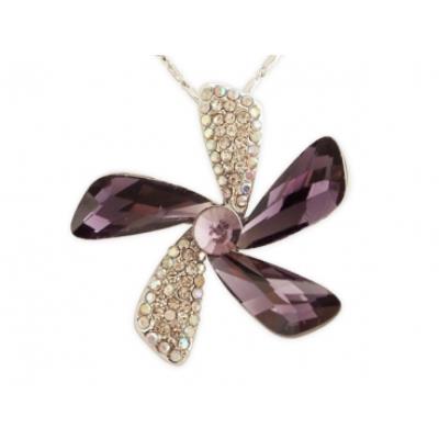 Collier pendentif 5 pétales strass et pierre violette bijou fantaisie pas cher pendentif