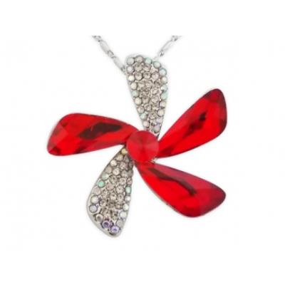 Collier fleur pétales en strass et fausses pierres rouges bijou fantaisie pas cher pendentif