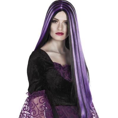 Perruque longue noire et violette femme Halloween Taille Unique