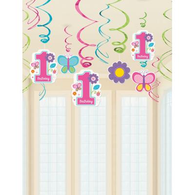 Guirlandes verticales anniversaire 1 an fille fleurs (x12)