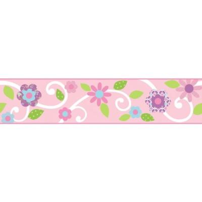 roommates peel & stick border - scroll floral pink/white