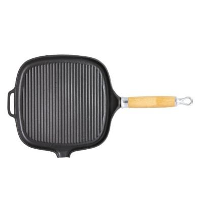 CHASSEUR POÊLE GRILL CARRÉE FOND LISSE AVEC MANCHE EN BOIS