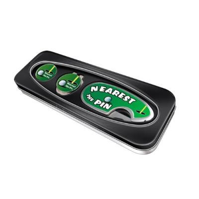 Asbri golf pitchmaster relève-pitch et clip capuchon dans un coffret cadeau en métal nearest pin