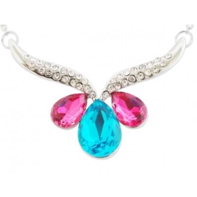 Collier pendentif V en strass orné de gouttes rose et turquoise bijou fantaisie pas cher pendentif
