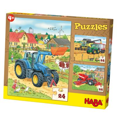 Puzzle 3 x 24 pièces : tracteur & cie haba
