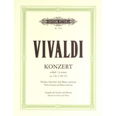 Partitions classique EDITION PETERS VIVALDI ANTONIO - CONCERTO IN A MINOR OP.3 NO.6 RV 356 - VIOLIN AND PIANO Violon