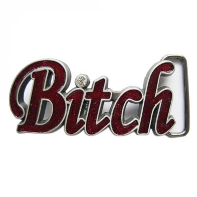 boucle de ceinture bitch rouge avec strass sur le I femme