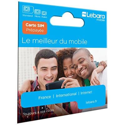 Carte Sim prépayée Lebara incluant 7,50E de crédit (5E + 2,50E offerts) - Appels, SMS et internet en France et à l'international à prix réduits.