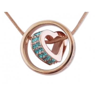 Collier doré pendentif anneau et coeur strass bleu turquoise bijou fantaisie pas cher pendentif