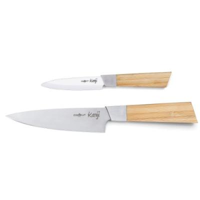 COOKUT KANJI01 SET DE 2 COUTEAUX CÉRAMIQUE COUTEAU D'OFFICE 10 CM + COUTEAU DE CHEF 15 CM + PORTE COUTEAU PLEXI MANCHE BAMBOU ET