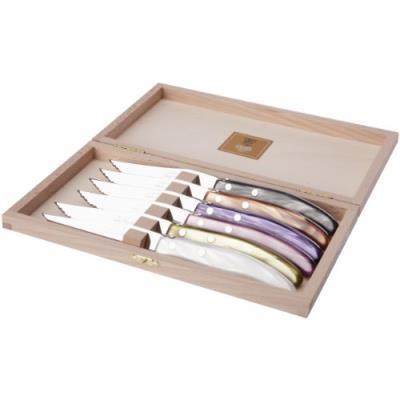 CLAUDE DOZORME 2.13.001.42 BERLINGOT COFFRET HÊTRE 6 COUTEAUX MANCHE PANACHE GRIS / VIOLET