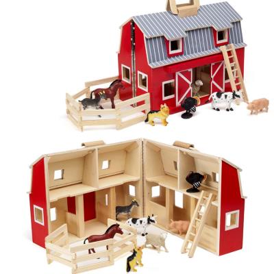 Maison ferme en bois à transporter avec 7 animaux inclus Enfant 3 ans +