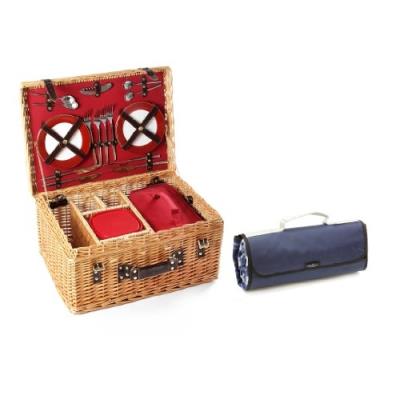 The Greenfield Collection Gg020Pw Deluxe Panier De Pique-Nique Pour 4 Personnes En Osier Doublure Grenadine Avec Couverture Bleu