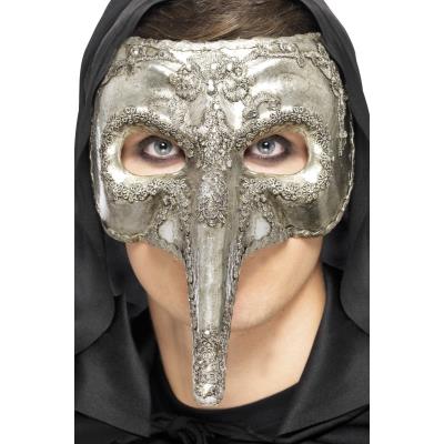 Demi-masque vénitien long nez argenté adulte taille unique