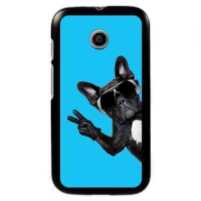 Coque noire pour Motorola Moto E motif chien à lunettes sur fond bleu