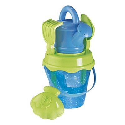 Seau de plage garni - Paillettes bleues : 16 cm