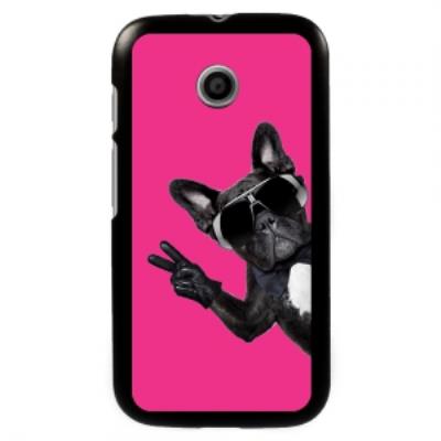 Coque noire pour Motorola Moto E motif chien à lunettes sur fond fushia