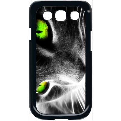 Coque samsung s3 chat noir et blanc yeux vert