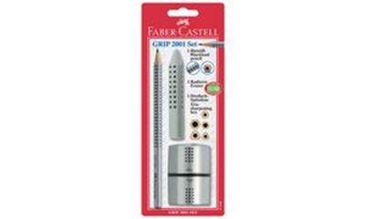 FABER-CASTELL - Set GRIP 2001 , argent, sur carte blister, contenu: 1x crayon JUMBO GRIP (grip soft, avec champs d'identification, triangulaire) + 1x gomme en