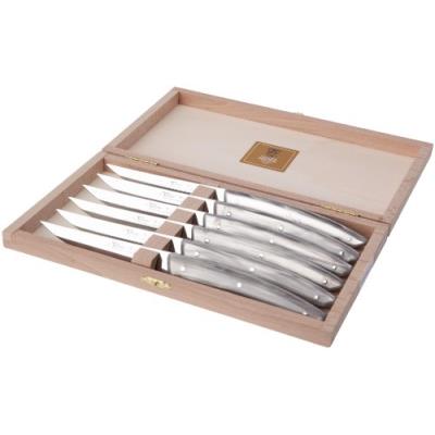 CLAUDE DOZORME 2.90.001.65 COFFRET HÊTRE 6 COUTEAUX THIERS MANCHE NACRINE GRISE CLAIRE