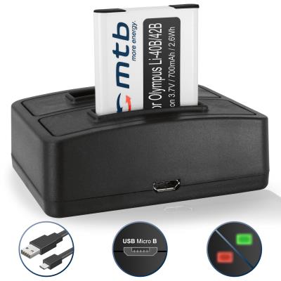 Batterie + Double Chargeur (USB) Li-40b/42b pour Olympus FE-.. mju.. µ.. TG.. VG.. VR.. X.. - voir liste de compatibilité - Cable Micro-USB inclus