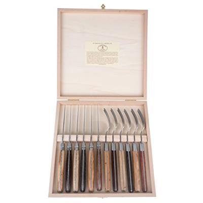 Com amsterdam 7071 6 couteaux à steak et 6 fourchettes laguiole de différents types de bois en boîte