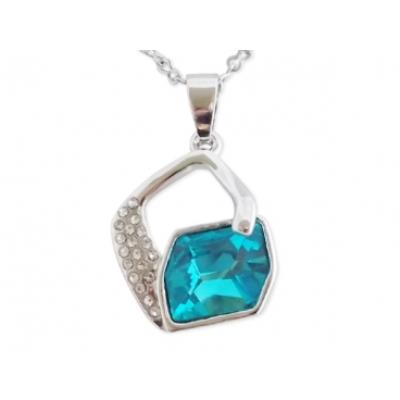 Collier losange suspendu en strass et faux cristal turquoise bijou fantaisie pas cher pendentif