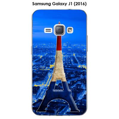 Coque Samsung Galaxy J1 (2016) - 4.5  - J120F design Paris Tour bleu blanc rouge fond ville bleue