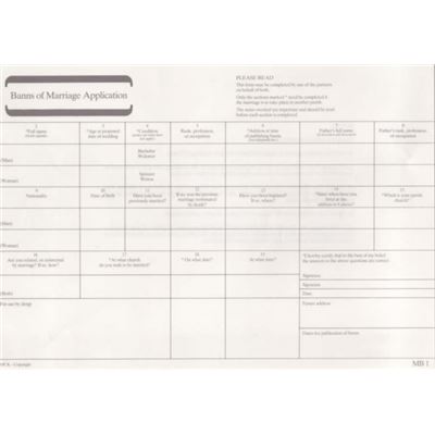 Banns Of Marriage Application Mb 1: Pack Of 50 Forms (Loose Leaf)