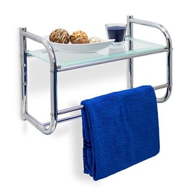 Relaxdays 10019264 étagère avec 2 porte-serviettes murale + plateau verre argenté 23 x 45 x 34 cm