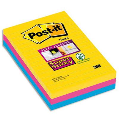 Lot de 3 blocs 90 feuilles Super Sticky RIO lignées 101 x 152mm, jaune néon, fuchsia, méditerranée