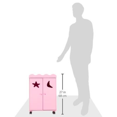 Small Foot Armoire à Poupées Sur Roulettes – Bois, Décoration Lune/Étoile – Dès 3 Ans – 2 Étagères + Barre