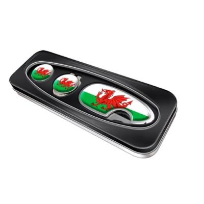 Asbri golf pitchmaster relève-pitch et clip capuchon dans un coffret cadeau en métal pays de galles