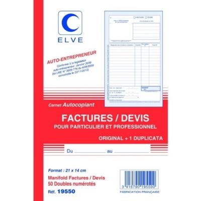 Elve - 1 manifold factures devis auto entrepreneurs 210x140mm - 50 pages doubles numérotés 19550