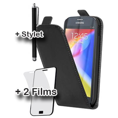 Pack 3 accessoires Samsung Galaxy Grand : Etui à rabat + 2 films écran + Stylet noir.