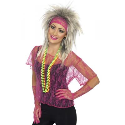 Kit des années 80 en dentelle rose fluo