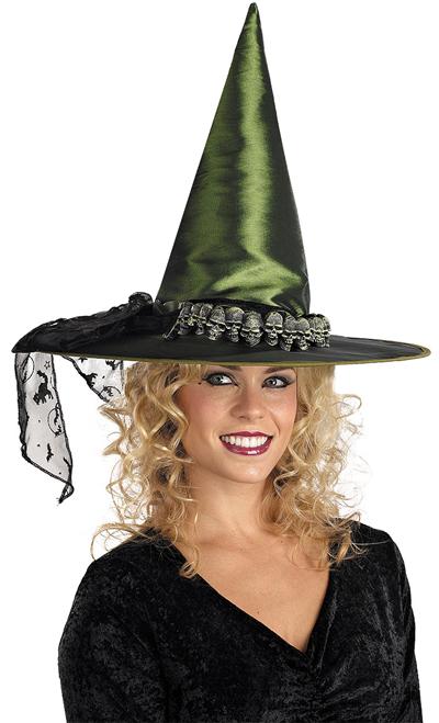 Chapeau de Sorcière Tissu Vert et Têtes de Morts
