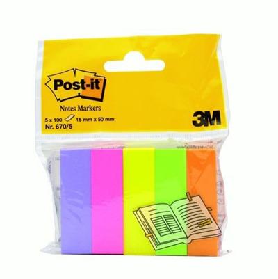 Post-It - Lot De 5 Blocs De 100 Feuilles "Markers" Néon Assortis 15X50Mm