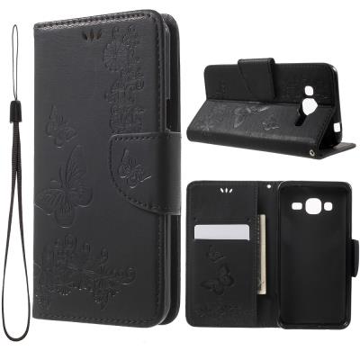 Etui en PU Imprint papillon fleur pour Samsung Galaxy J3 (2016) - Noir
