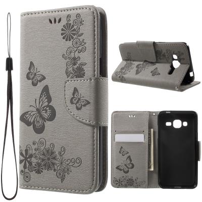Etui en PU Imprint papillon fleur pour Samsung Galaxy J3 (2016) - Gris