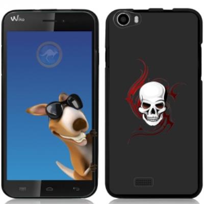 Coque Souple en gel noire pour Wiko Lenny avec impression Motifs tête de mort sur fond tribal