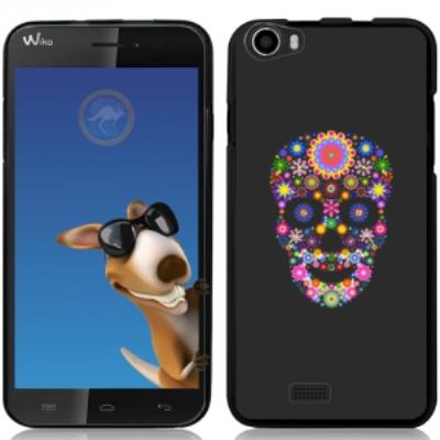 Coque Souple en gel noire pour Wiko Lenny avec impression Motifs crâne en fleurs sur fond noir