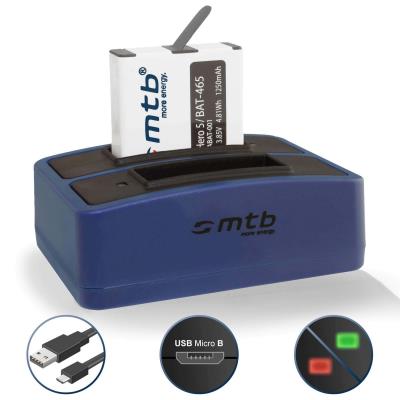 Batterie (1250mAh) + Double Chargeur (USB) pour GoPro Hero 5 avec firmware jusqu'à la version 1.55 - Cable Micro-USB inclus