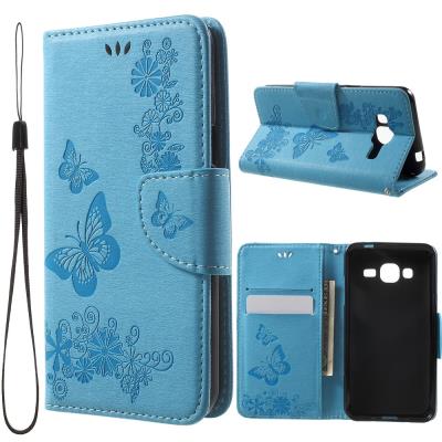 Etui en PU Imprint papillon fleur pour Samsung Galaxy J3 (2016) - Blue