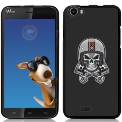 Coque Souple en gel noire pour Wiko Lenny avec impression Motifs tête de mort avec un casque de moto
